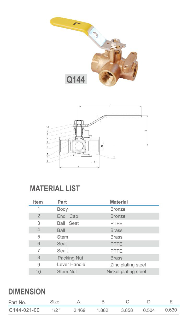 Bronze 3-Way Ball Valve, FIP x FIP - Huaping Intelligent Control Technology